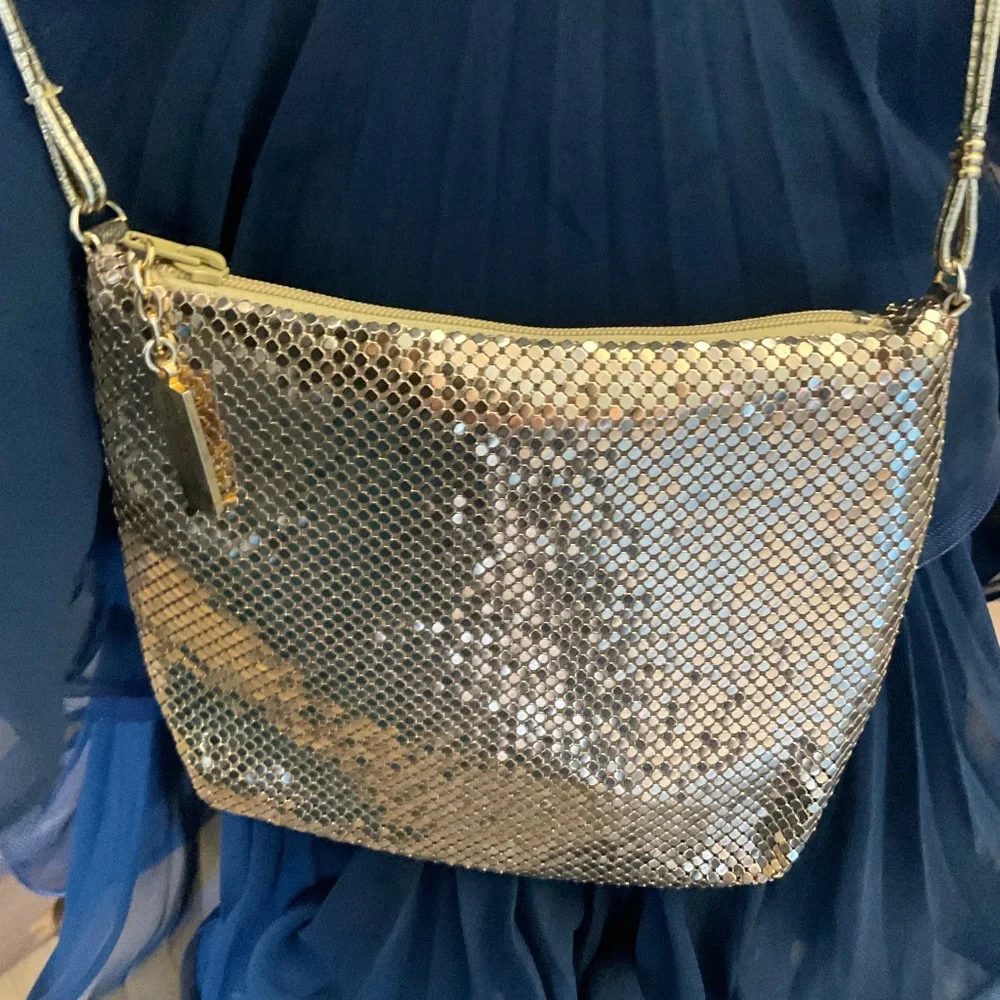 Vintage Whiting & Davis Gold Mesh Bag purse crossbody  leather strap prom bridal